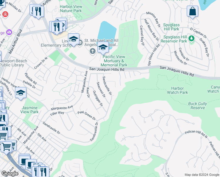 map of restaurants, bars, coffee shops, grocery stores, and more near 1516 Sandcastle Drive in Newport Beach