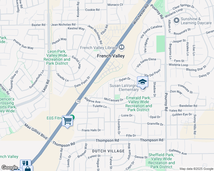 map of restaurants, bars, coffee shops, grocery stores, and more near 35555 Denver Circle in Winchester