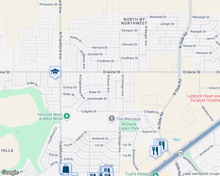 map of restaurants, bars, coffee shops, grocery stores, and more near 512 North Dover Avenue in Lubbock