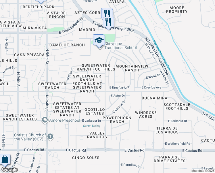 map of restaurants, bars, coffee shops, grocery stores, and more near 9961 East Dreyfus Avenue in Scottsdale