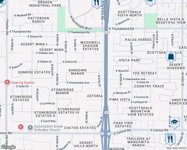map of restaurants, bars, coffee shops, grocery stores, and more near 8644 East Sweetwater Avenue in Scottsdale