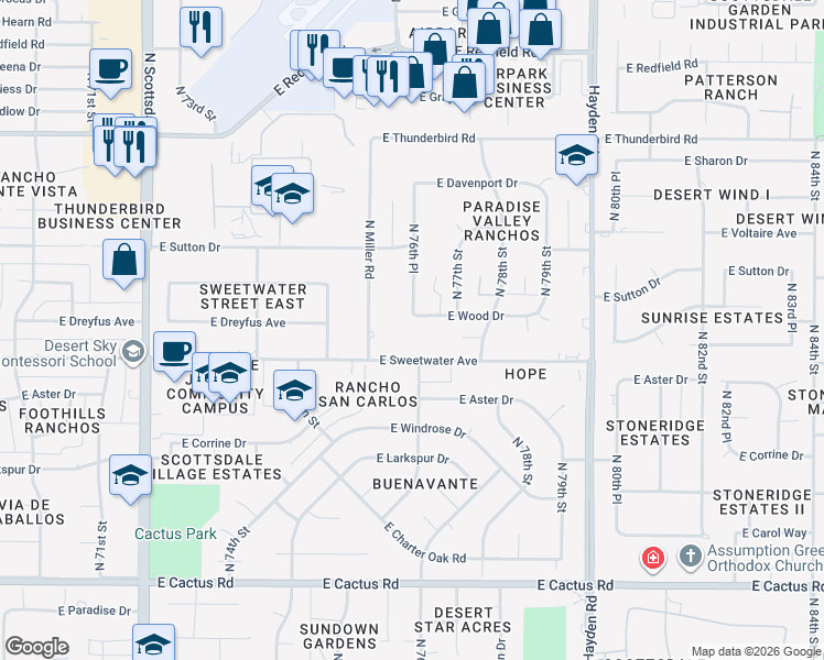 map of restaurants, bars, coffee shops, grocery stores, and more near 7656 East Sweetwater Avenue in Scottsdale