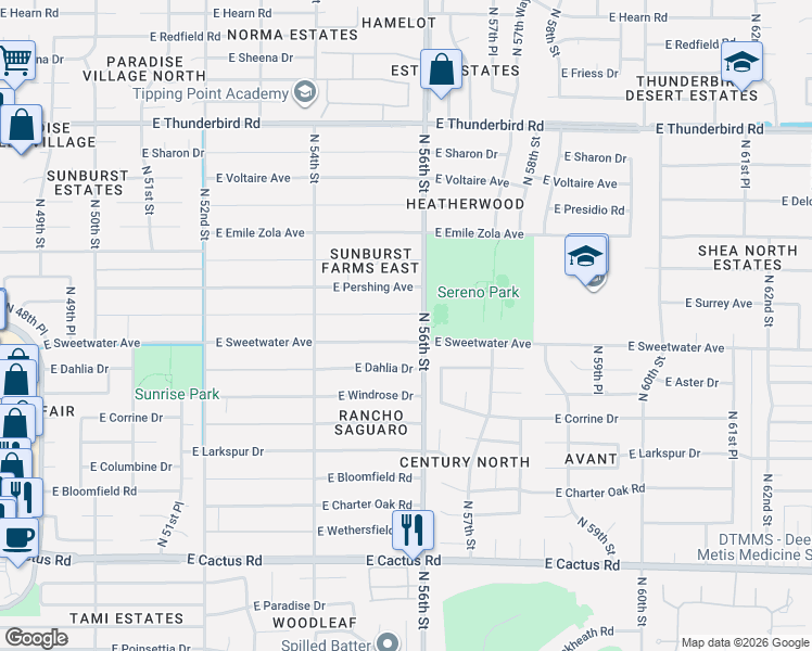 map of restaurants, bars, coffee shops, grocery stores, and more near 5538 East Sweetwater Avenue in Scottsdale