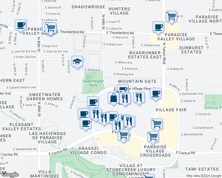 map of restaurants, bars, coffee shops, grocery stores, and more near 4415 East Paradise Village Parkway North in Phoenix