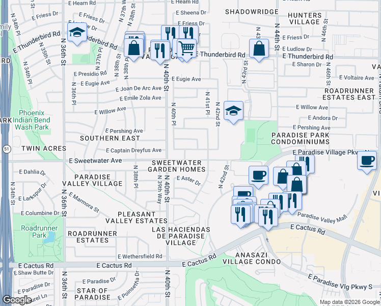map of restaurants, bars, coffee shops, grocery stores, and more near 4028 East Sweetwater Avenue in Phoenix