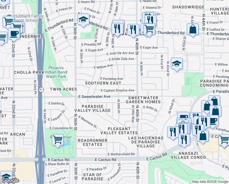 map of restaurants, bars, coffee shops, grocery stores, and more near 3802 East Sweetwater Avenue in Phoenix
