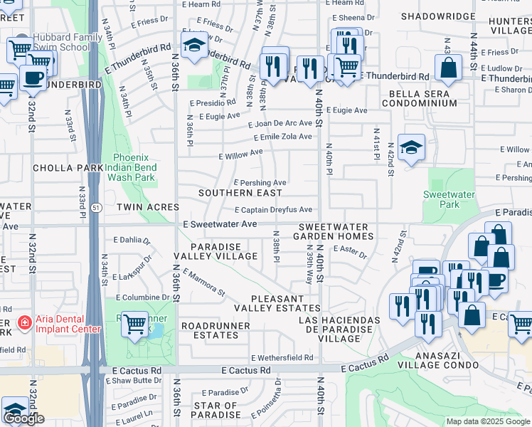 map of restaurants, bars, coffee shops, grocery stores, and more near 3802 East Sweetwater Avenue in Phoenix