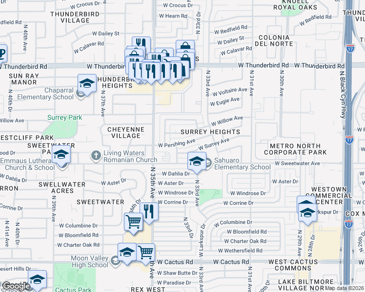 map of restaurants, bars, coffee shops, grocery stores, and more near 3356 West Surrey Avenue in Phoenix