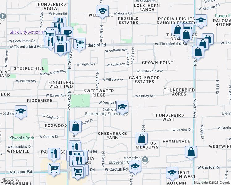 map of restaurants, bars, coffee shops, grocery stores, and more near 7167 West Surrey Avenue in Peoria