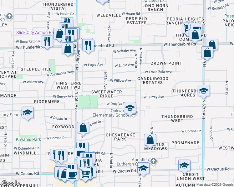 map of restaurants, bars, coffee shops, grocery stores, and more near 7217 West Surrey Avenue in Peoria