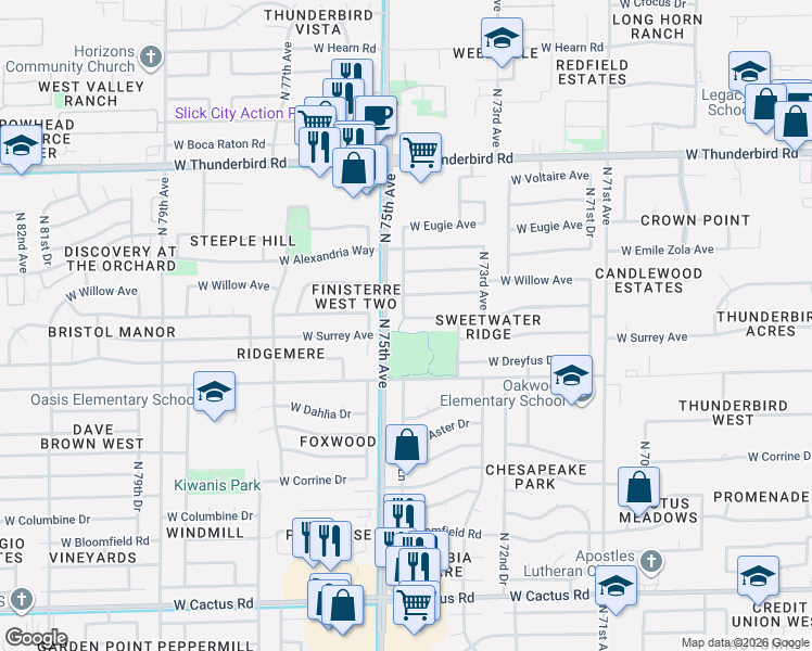 map of restaurants, bars, coffee shops, grocery stores, and more near 7431 West Pershing Avenue in Peoria