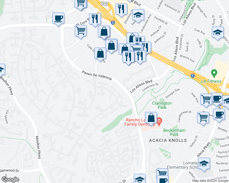 map of restaurants, bars, coffee shops, grocery stores, and more near 151 Avenida Majorca in Laguna Woods