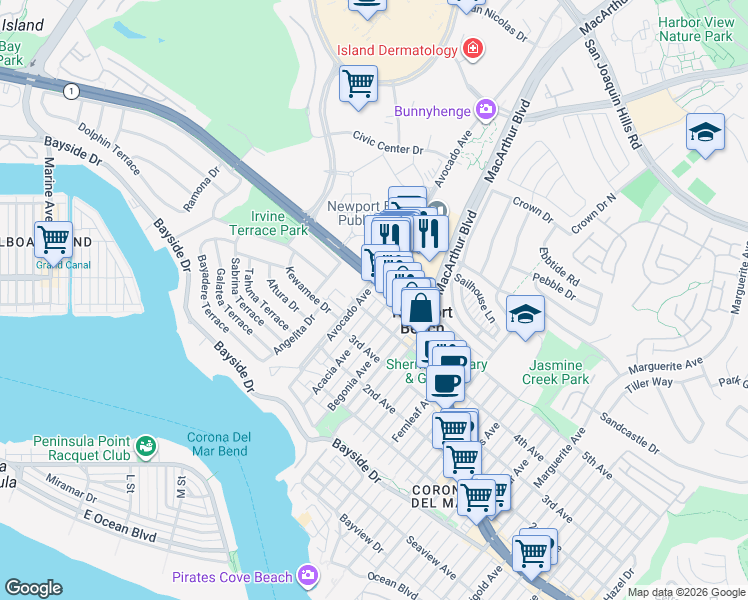 map of restaurants, bars, coffee shops, grocery stores, and more near 701 1/2 Acacia Avenue in Newport Beach