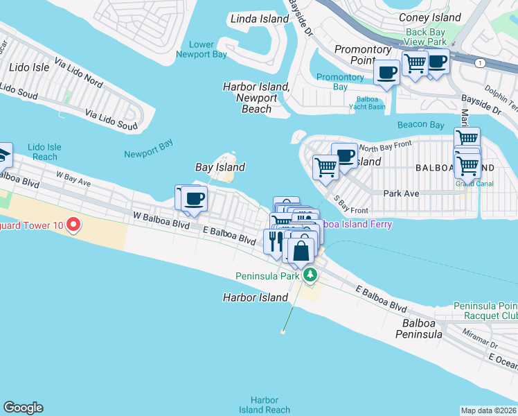 map of restaurants, bars, coffee shops, grocery stores, and more near 315 Fernando Street in Newport Beach