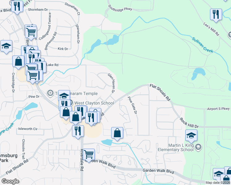 map of restaurants, bars, coffee shops, grocery stores, and more near 5533 Glen Haven Drive in Atlanta