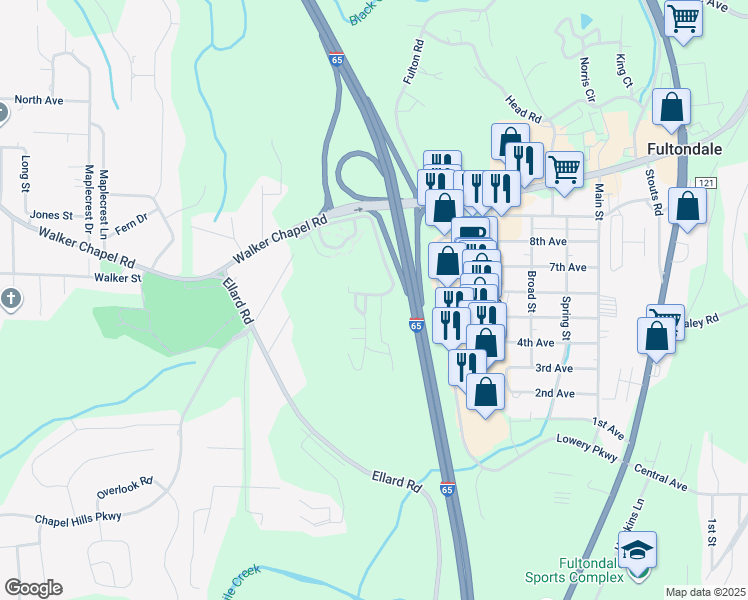 map of restaurants, bars, coffee shops, grocery stores, and more near 3581 Stoney Brook Drive in Fultondale