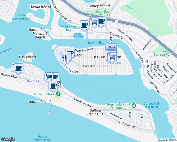 map of restaurants, bars, coffee shops, grocery stores, and more near 800 South Bay Front in Newport Beach