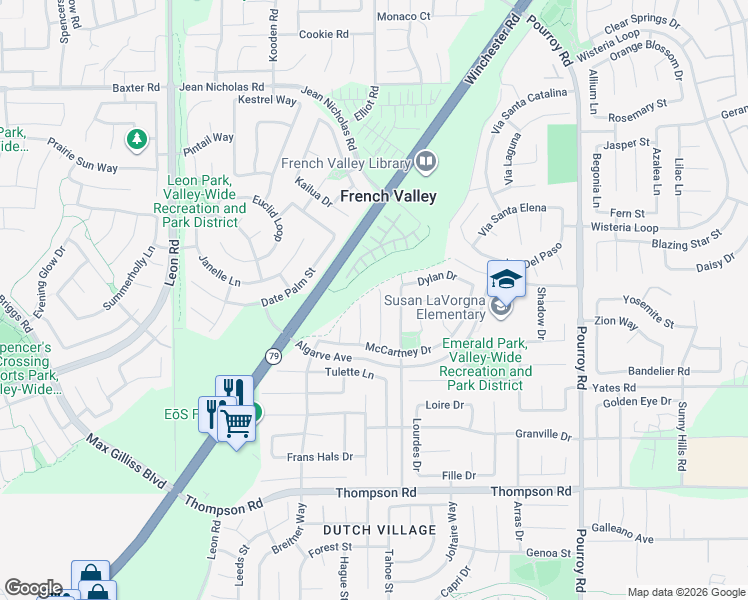 map of restaurants, bars, coffee shops, grocery stores, and more near 35555 Denver Circle in Winchester