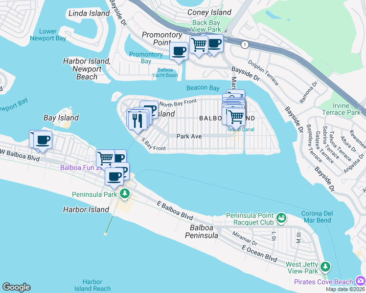map of restaurants, bars, coffee shops, grocery stores, and more near 111 Diamond Avenue in Newport Beach