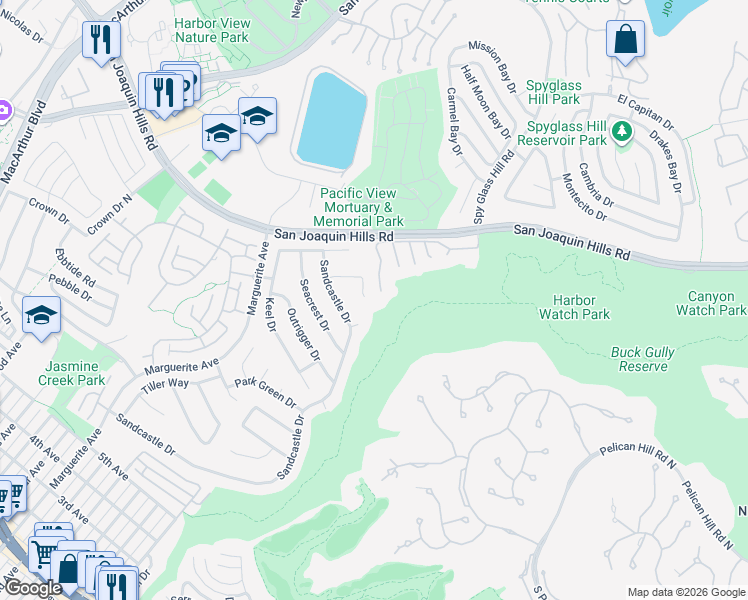 map of restaurants, bars, coffee shops, grocery stores, and more near 3726 Blue Key in Newport Beach