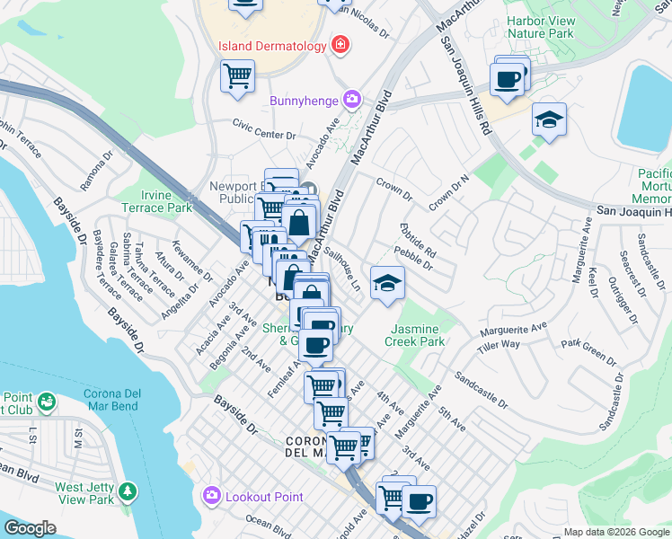 map of restaurants, bars, coffee shops, grocery stores, and more near 2606 Bungalow Place in Newport Beach