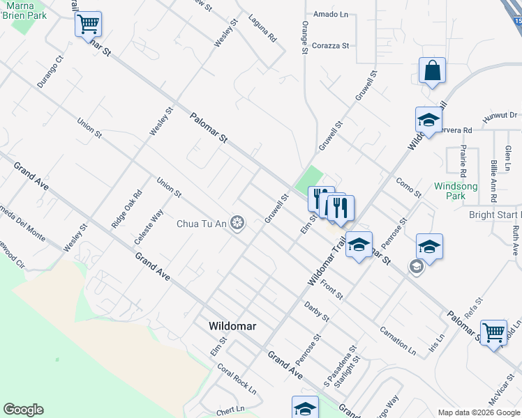 map of restaurants, bars, coffee shops, grocery stores, and more near 21302 Illinois Street in Wildomar