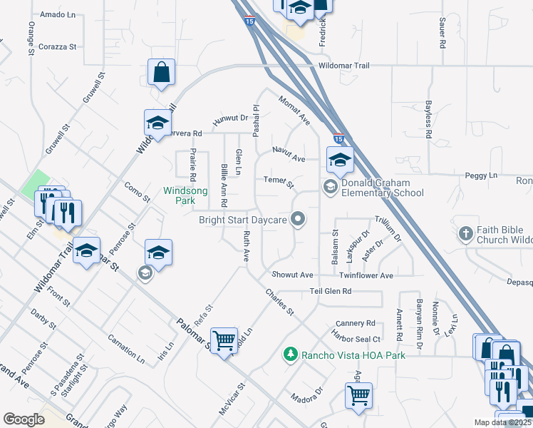 map of restaurants, bars, coffee shops, grocery stores, and more near 22796 Supa Court in Wildomar