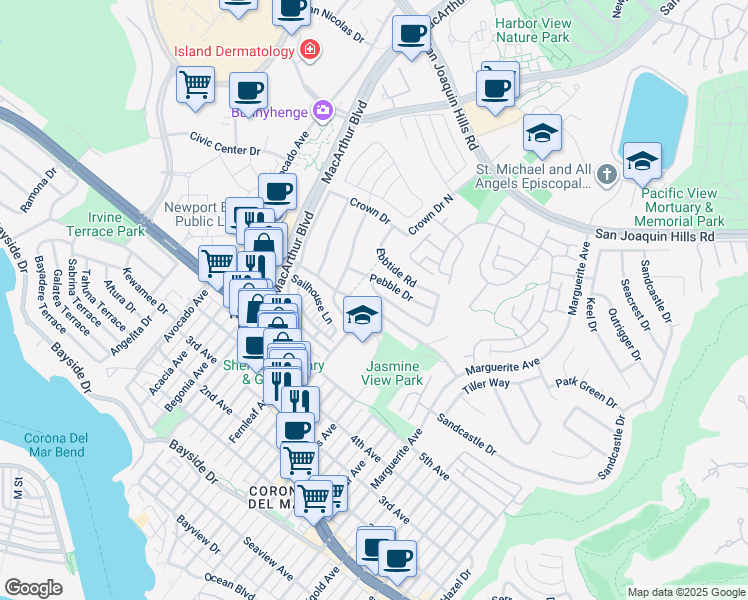 map of restaurants, bars, coffee shops, grocery stores, and more near 2719 Setting Sun Drive in Newport Beach