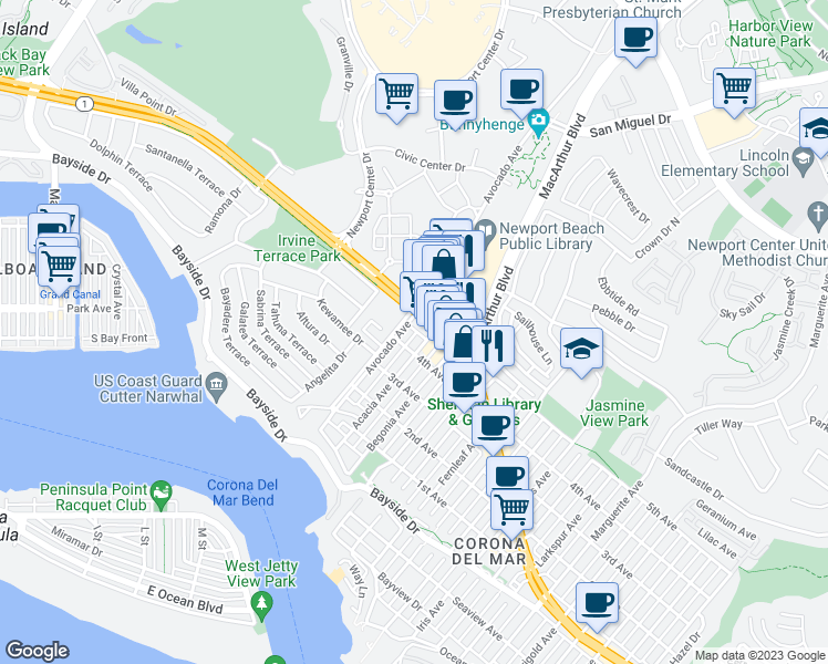map of restaurants, bars, coffee shops, grocery stores, and more near 701 1/2 Acacia Avenue in Newport Beach