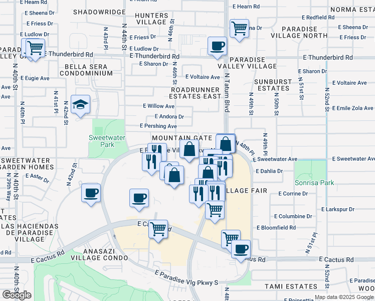 map of restaurants, bars, coffee shops, grocery stores, and more near Paradise Valley Mall Loop in Phoenix