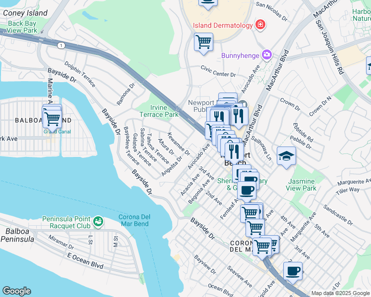 map of restaurants, bars, coffee shops, grocery stores, and more near 737 Avocado Avenue in Newport Beach
