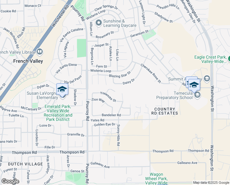 map of restaurants, bars, coffee shops, grocery stores, and more near 32144 Yosemite Street in Winchester