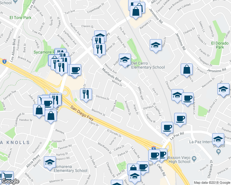map of restaurants, bars, coffee shops, grocery stores, and more near 24636 Doria Avenue in Mission Viejo