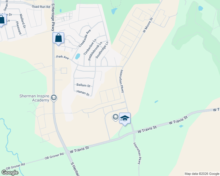 map of restaurants, bars, coffee shops, grocery stores, and more near 2519 West Moore Street in Sherman