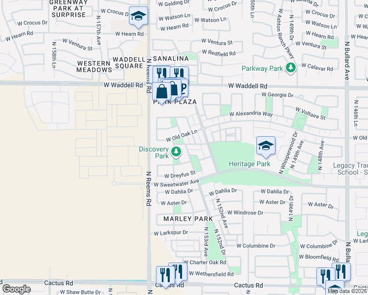 map of restaurants, bars, coffee shops, grocery stores, and more near 13256 North 153rd Drive in Surprise