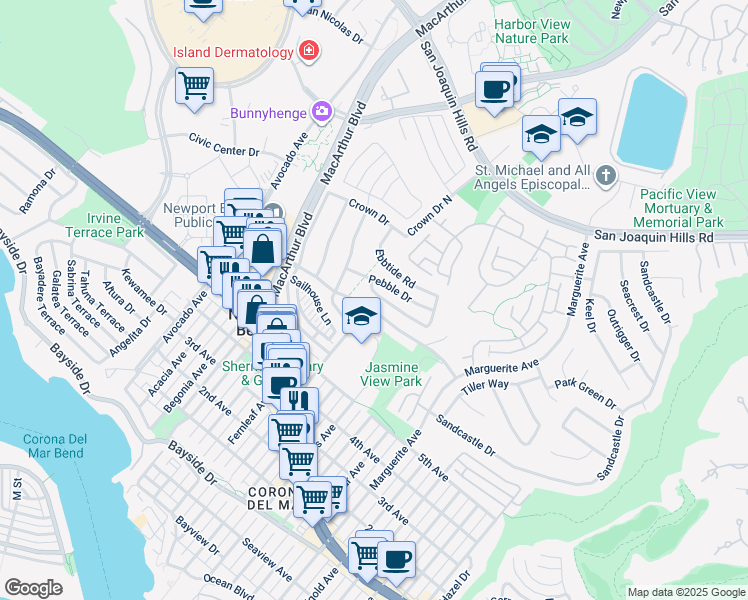 map of restaurants, bars, coffee shops, grocery stores, and more near 2719 Setting Sun Drive in Newport Beach
