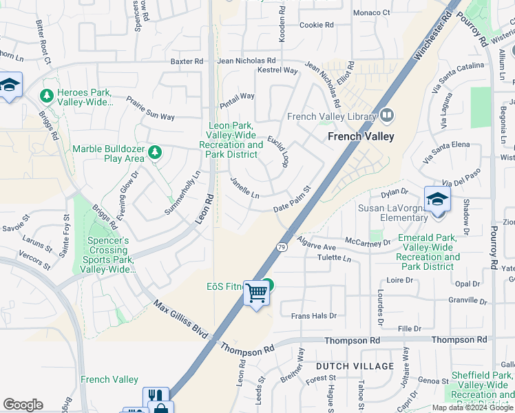 map of restaurants, bars, coffee shops, grocery stores, and more near 35619 Date Palm Street in Winchester
