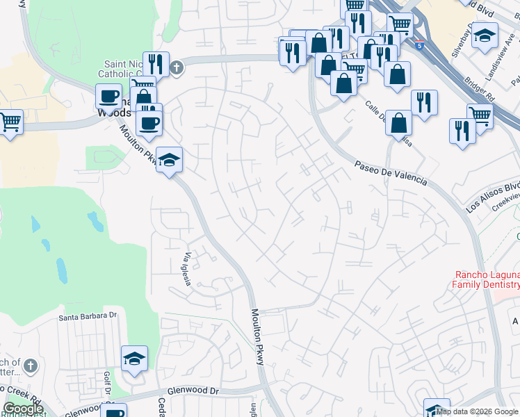 map of restaurants, bars, coffee shops, grocery stores, and more near 412 Avenida Castilla in Laguna Woods