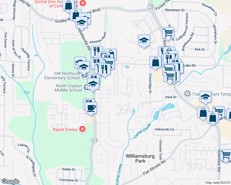 map of restaurants, bars, coffee shops, grocery stores, and more near 5509 Park Place South in Atlanta