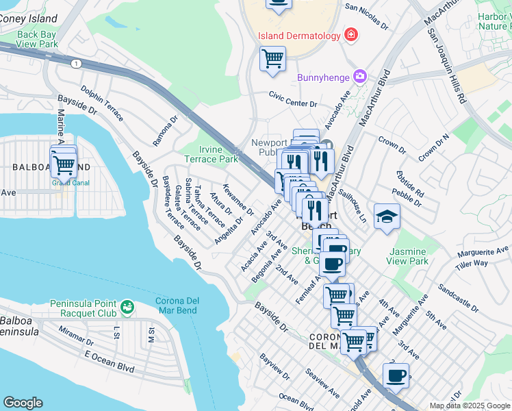 map of restaurants, bars, coffee shops, grocery stores, and more near 749 Avocado Avenue in Newport Beach