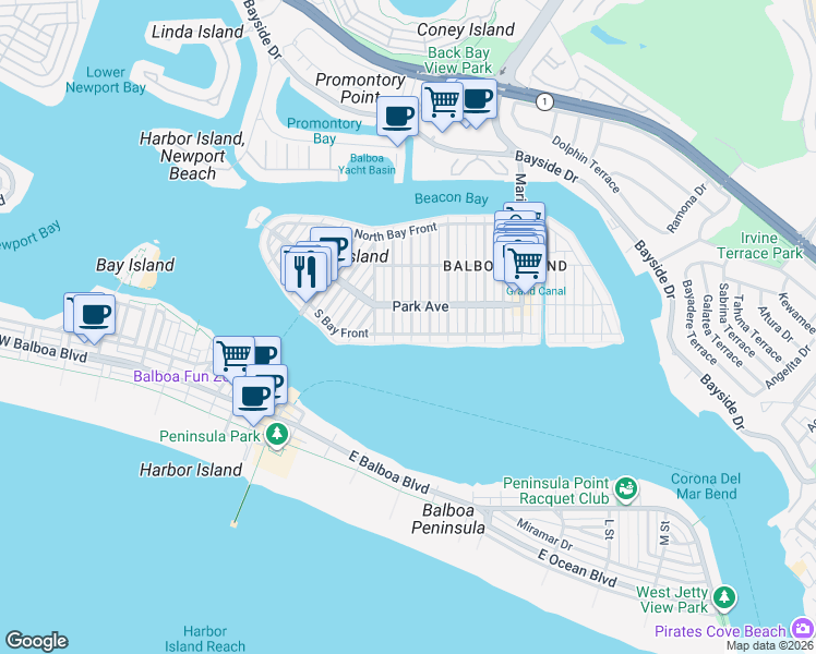 map of restaurants, bars, coffee shops, grocery stores, and more near 111 Diamond Avenue in Newport Beach