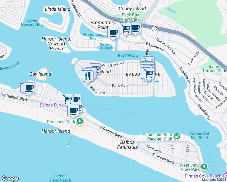 map of restaurants, bars, coffee shops, grocery stores, and more near 112 Ruby Avenue in Newport Beach