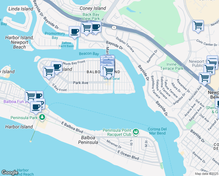 map of restaurants, bars, coffee shops, grocery stores, and more near 112 Marine Avenue in Newport Beach