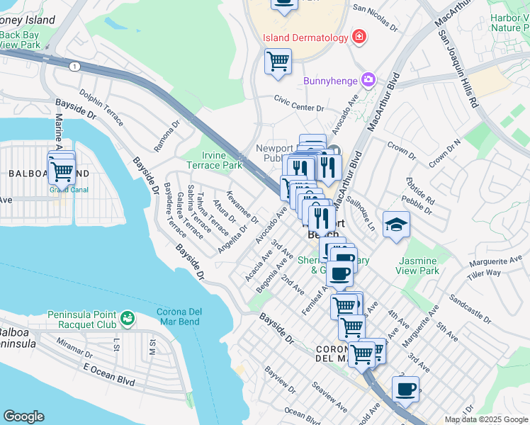 map of restaurants, bars, coffee shops, grocery stores, and more near 775 Avocado Avenue in Newport Beach