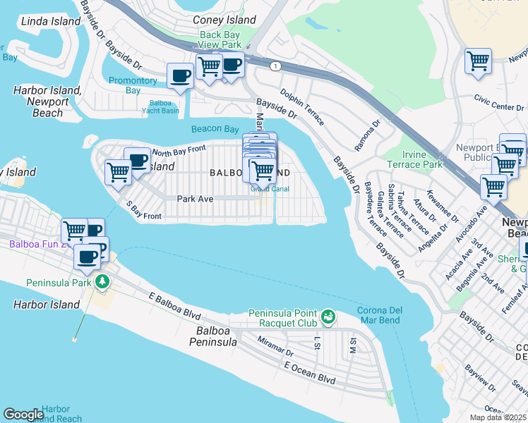 map of restaurants, bars, coffee shops, grocery stores, and more near 112 Marine Avenue in Newport Beach