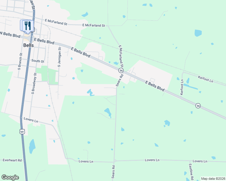 map of restaurants, bars, coffee shops, grocery stores, and more near 169 Sears Road in Bells