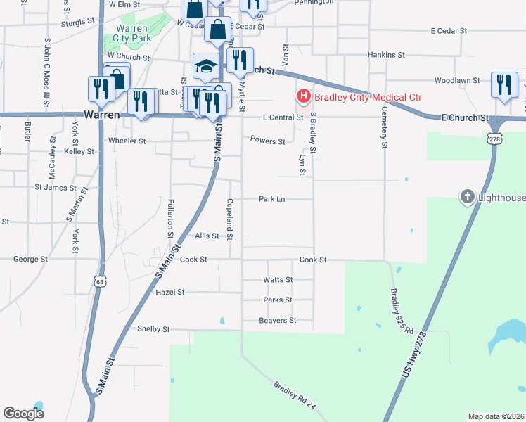 map of restaurants, bars, coffee shops, grocery stores, and more near 303 Park Lane in Warren