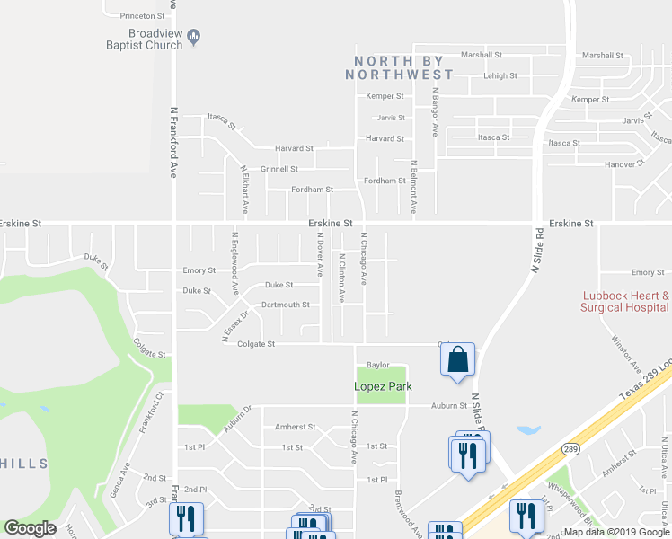 map of restaurants, bars, coffee shops, grocery stores, and more near 512 North Dover Avenue in Lubbock