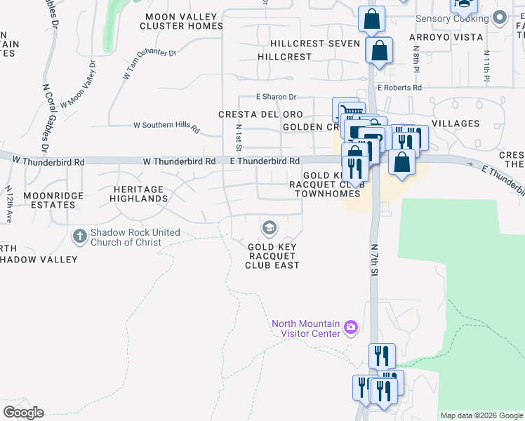 map of restaurants, bars, coffee shops, grocery stores, and more near 13016 North 1st Place in Phoenix