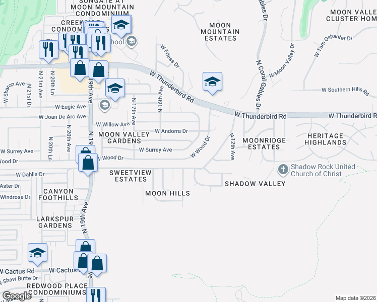 map of restaurants, bars, coffee shops, grocery stores, and more near 1510 West Wood Drive in Phoenix